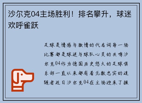 沙尔克04主场胜利！排名攀升，球迷欢呼雀跃
